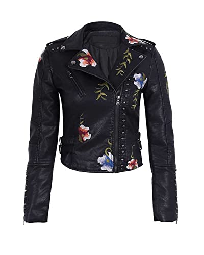 YILANUOYI Women's Embroidered Studded Faux Leather Jacket Moto Punk Jacket Floral Coat