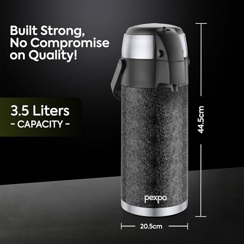 Image of Go24 pexpo AquaPort Stainless Steel Vacuum Insulated Beverage Dispenser with Pump - 3.5 LTR | Hot & Cold | Double Wall | Sturdy Handle to Carry | Coffee /Tea Carafe - Black