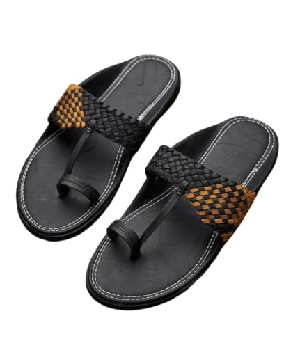 Image of Agadi Men's Kolhapuri Style Sandals | Handcrafted Woven Strap Toe Ring Chappals | Comfortable Ethnic & Casual Slip-On Footwear for Men