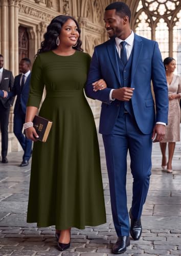 Image of FANDEE Fit-and-Flare Maxi Dress Round Neck Pleated Front Side Pockets | Front pleats soft flatter your bust shape; Empire Waist lengthen your figure; 3 /4 sleeves round neck suit for many occasions