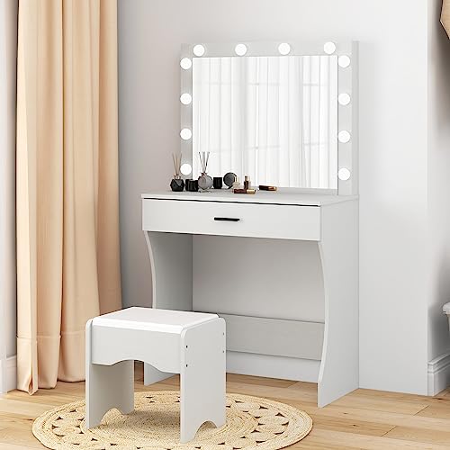 Image of Vanity Desk with Mirror and Adjustable Lights, One Drawer Storage Makeup Table with Stool - Vanity Set for Bedroom (White)