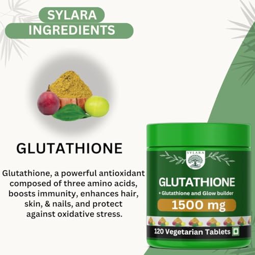 Image of SYLARA 1500 mg Glutathione Tablets For Skin Whitening - 120 Tablets Capsules Supplements with Vitamin C with Biotin, Vegetarian Collagen for Skin Glow