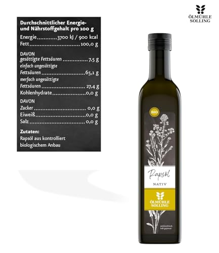 Rapsöl BIO 500 ml nativ und kaltgepresst mühlenfrisch von der Ölmühle Solling