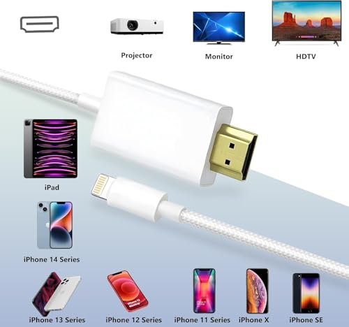 Image of KikoSaka Lightning to HDTV Cable for iPhone Digital AV Adapter | 1080P HD Video Sync Screen Connector iPhone 14 /13 /12 /11 /X /8 /7 to HDTV for TV Projector Monitor 6.6FT Woven White