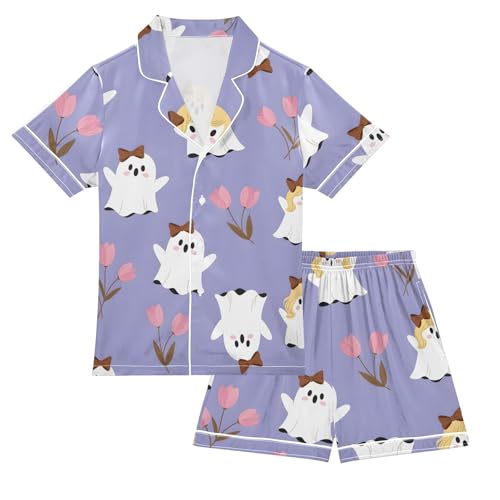 Satin Pajama Sets Short Sleeve Cute Ghosts with Flowers Pattern Button Down Silky Nightwear 2 Piece PJS 5-14Y