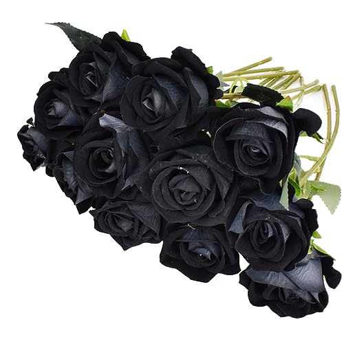 Eclove 12 Pcs Rose Artificiali, Realistiche Singola a Gambo, Fiori Artificiali Finto 30cm Lungo Rosa Finta, Bouquet da Sposa in Seta per Decorazioni in Casa per Giardino Feste Ufficio (Nero)