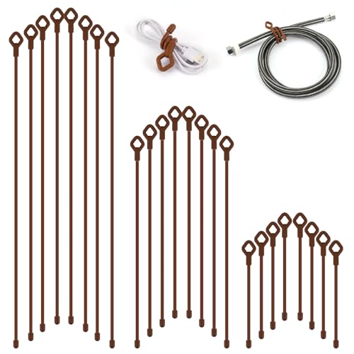 Twist Ties - Silicone Cable Ties with Holes, Rubber Twist Ties for Cords, 24PK (6inch, 12inch, 18inch) Reusable Gear Ties for Bundling and Holding, Indoor and Outdoor Use(Brown)