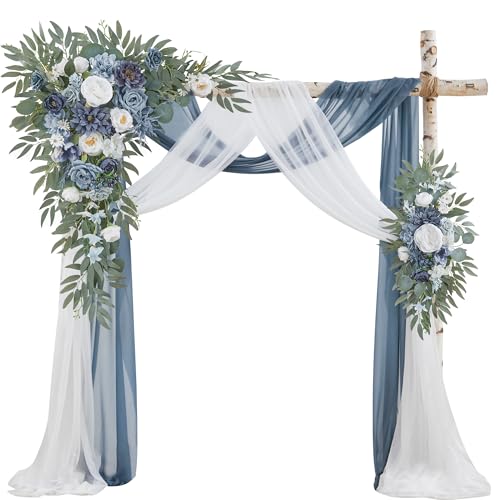 WEDFLOR Wedding Arch Flowers with Drapes Kit (Pack of 4) - 2pcs Artificial Dusty Blue Deluxe Swag with 2pcs Sheer Drapes for Wedding Ceremony Arbor Reception Backdrop Rose Floral Decoration