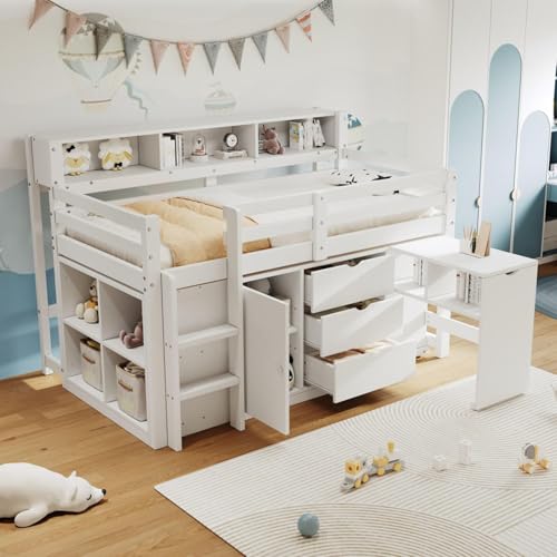 Image of Loft Beds 3FT With Pull-Out Desk, 3 Drawers, Storage Cabinets Headboard Shelves And Shelves For Adults And Teenagers, White(No Mattress) 190x90 Cm