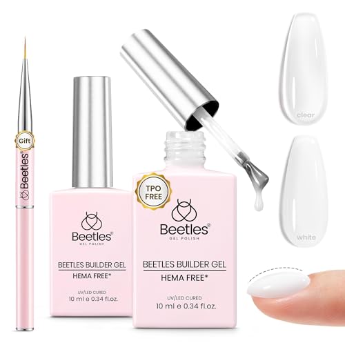 Beetles Builder Gel for Nails 2Pcs 7 in 1 Clear & Milky White Building Gel Set HEMA-FREE&TPO FREE with Nail Brush for Strengthening Natural Nail Apex & Extension DIY Salon at Home UV LED Lamp Cured
