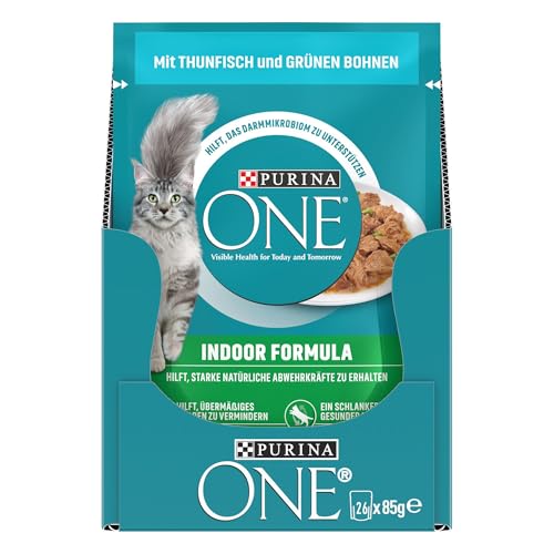 PURINA ONE Indoor Formula Katzenfutter nass, zarte Stückchen in Sauce für Hauskatzen, mit Thunfisch, 26er Pack (26 x 85g)