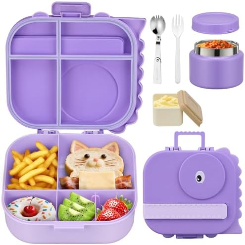 Lunch Box Kids with 5 Compartments, Insulated Food Jar & Utensils, Leak Proof Bento Box with Sauce Container, BPA-Free & Dishwasher Safe, Dinosaur Design(Purple)