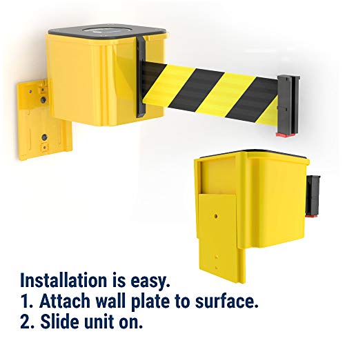 Visiontron Wm412 Retractable Belt Wall Mounted Yellow Crowd Control Barrier And Receiving End, 15' Black/Yellow Diagonal Belt #TOP1