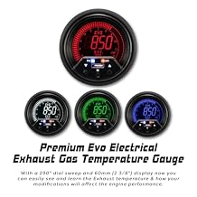 مقياس EGT كهربائي متعدد الألوان من سلسلة Prosport Premium EVO مقاس 60 مم 2 3/8 بوصة 4002400F، مسح رقمي 290، تحذير قابل للبرمجة، ذروة الاستدعاء، مرسل وحزام NPT K-Type مقاس 1/8 بوصة
