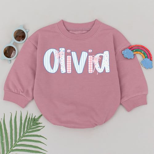 Preppy Retro Floral Personalized Bubble Romper, Custom Name Coquette Bow Outfit, Hand Drawn Style Romper, For Baby Boys, Girls4