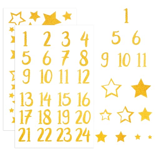 Adventskalender Aufkleber Zahlen 1-24 SterneTikplus Glitzer Weihnachtssticker für Weihnachten Kalender Gold Sticker Weihnachten für Karten Basteln Papiertüten