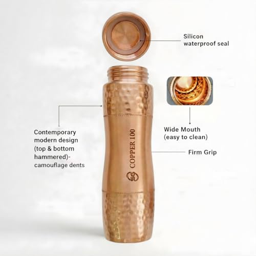 Image of VIRGIN Foodgrade 99.9% Pure Copper Water Bottle- Leakproof, Joint Free, No Lead, BPA-Free - Ayurvedic Health Benefits- Made in India- Contemporary Modern Hammered Glossy Finish (1L)