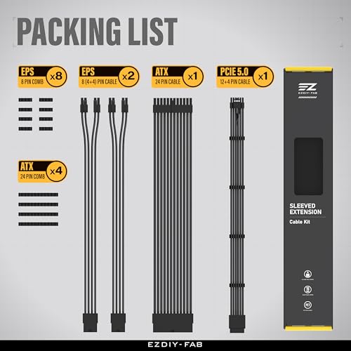 Image of EZDIY-FAB 12VHPWR PSU Cable Extension Kit for RTX 50 /40 Series,16AWG PCIE 5.0 Power Supply Cable Extension- 1x 24 Pin ATX /2X 8Pin (4+4) EPS / 1x12+4 Pin GPU,Sleeve Cable 300MM with Combs-Black