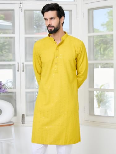 Image of See Designs Men's Full Sleeve Mandarin Collar Sequins Embroidered Straight Long Kurta - Festive Collection