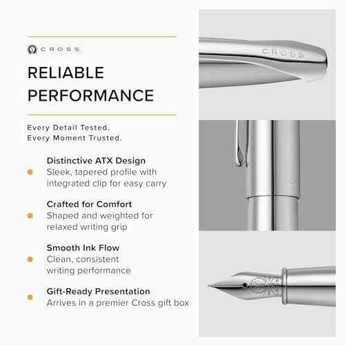 Image of Cross ATX Luxury Pure Chrome Fountain Pen - Fine Nib, Effortless Writing, Presented in Premium Gift Box