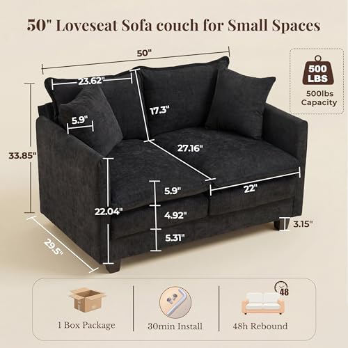 Image of Loveseat Sofa with Cloud 3-Layer Cushion & 27 inch Deep Seat, Modern Small Couch with 2 Washable Pillows for Small Spaces, Bedroom, Apartment, Office, Living Room, in a Box, 50-Inch Black