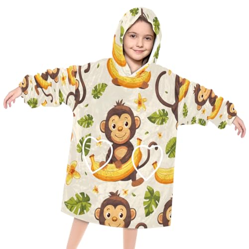 Pardick Wearable Blanket Hoodie for Kids, Forest Monkey Fleece Sweatshirt Blanket Oversized Blanket Sweatshirt with Pocket Flannel Warm Hooded Blanket 6-10 Year Old Girl Boy Gift, One Size