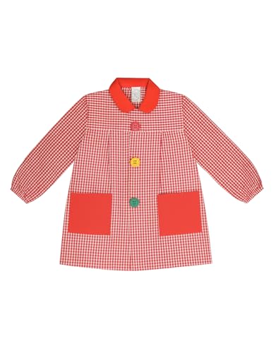 ESCOLAIN Bata Escolar (Fabricada en España) Babi Mandilon unisex cuadros vichy niño o niña uso Guardería Colegio Escuela infantil Botón grande y 2 bolsillos (Rojo, 2)
