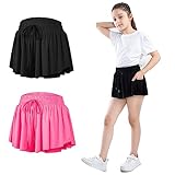 3 Pack Girls Flowy Shorts with Pockets, 2-in-1 Youth Flowy Butterfly Skirts Running Shorts for Sports,Fitness,Tennis Black/Hot Pink