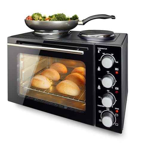 EMERIO MO-125236.4 - Horno de 32 litros + 2 placas de cocción | recirculación + calor superior / inferior | temporizador + regulador de temperatura | Incluye bandeja de horno y parrilla | Horno de
