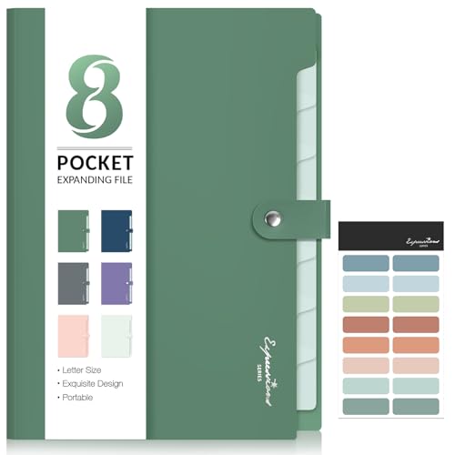 Sooez Elegant Accordion File Organizer, 8 Pocket Expanding File Folders with Labels, Portable Folder for Documents, Cute Paper Organizer for School Office Supplies, Letter Size, Dark Green