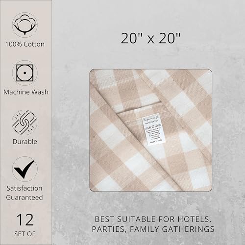 Image of FINGERCRAFT 100% Cotton Cloth Napkins Set of 12 - 20x20 Inch (50x50 cm) Reusable Dinner Table Napkins, Soft & Absorbent Buffalo Check Gingham Fabric, Washable Kitchen & Dining Napkins (Beige White)