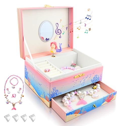 KOMABLEN Sirena Joyero Musical Niña, Caja de Musica con Cajón Extraíble, Caja Musical con Juego de Joyas e 4 Protector Esquinas, Mundo submarino Jewelry Box Regalo de Cumpleaños de 3-10 años