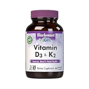 Bluebonnet Nutrition Vitamin D3 & K2, Soy-Free, for Strong-Healthy Bones*, Gluten-Free, Non-GMO, Dairy-Free, Kosher Certified, Vegetarian, 60 Vegetable Capsules, 60 Servings
