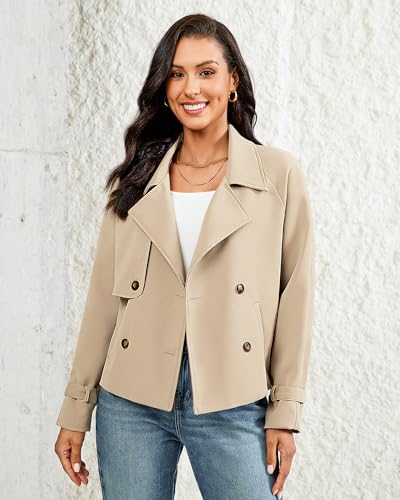 LookbookStore Cropped Jacket Women Womens Jackets Casual Womens Fall Outfits Cropped Trench Coat for Women Beige Large Fits US Size 12 to 14