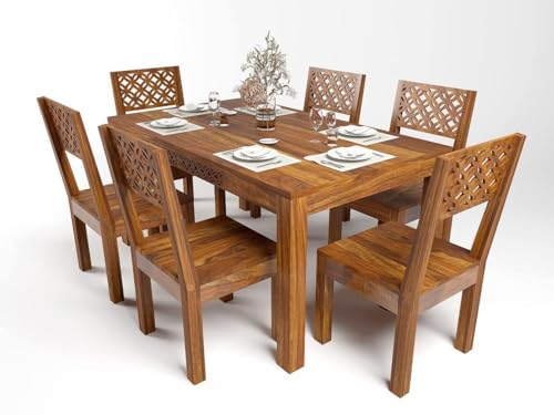 LIMBA DECOR Sheesham Wood CNC 6 Seater Dining Table 6 Chairs Without Cushion | Wooden Dining Room Set Dinner Table Furniture for Living Room Home Hotels – Honey Finish