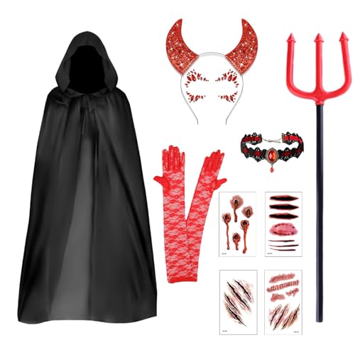 AXERHK Teufelskostüm Damen, Halloween Kostüm, Schwarzer Umhang, Teufelshörner, Spitzenhandschuhe, Tattoo-Wunde, Teufels-Heugabel,...
