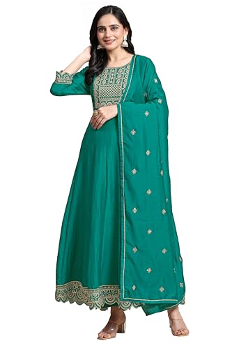 Image of TRENDMALLS Women's Art Silk Embroidery Salwar Suit Set A line Pleated Kurta Pant with Dupatta