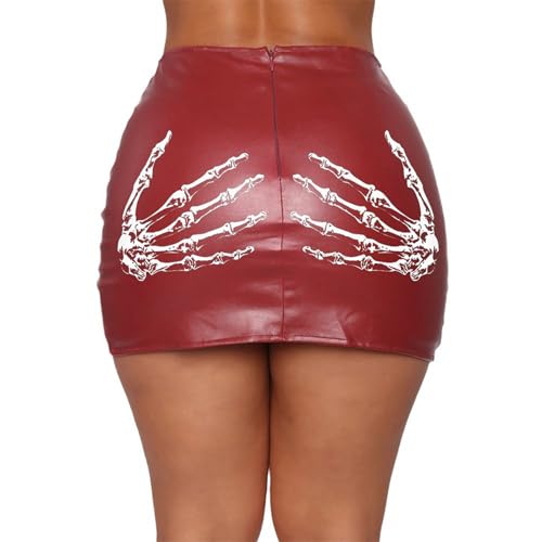 Women High Waist PU Leather Bodycon Short Skirt Skeleton Hand Print Package Hip Slit Pencil Skirt for Club Party Wear Claret