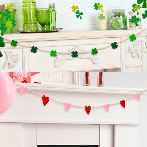 Image of 2 Pcs Valentine's Day St. Patrick's Day Wood Bead Garland Valentine's Day Felt Heart Banner St. Patrick Day Shamrock Banner Garland for Mantle Fireplace Room Valentine St. Patrick's Hanging Decor