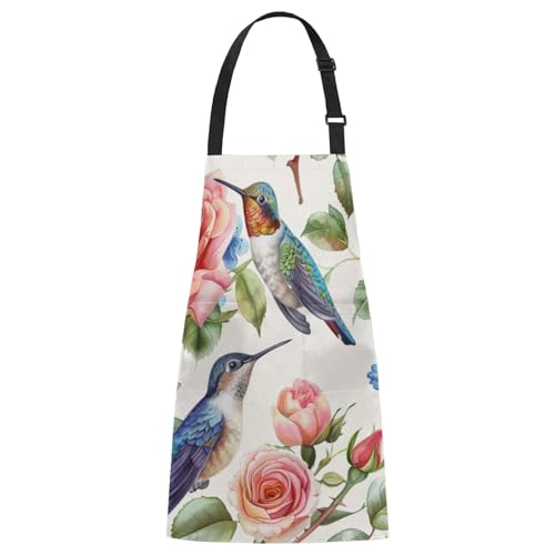 Aglebo Rose Bird Watercolor Chef Apron with Pockets Adjustable Shoulder Strap Waterproof Cooking Apron for Kitchen Baking Gardening Pottery Painting