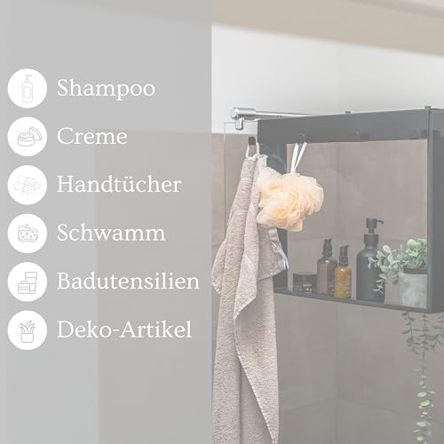 ELMOWO - Edelstahl Duschablage zum Hängen ohne Bohren für die Glastür/Glaswand - Duschregal zum Einhängen mit 4 Haken - Regal für Glasduschwand als Duschkorb und Organizer für Badezimmer (schwarz)
