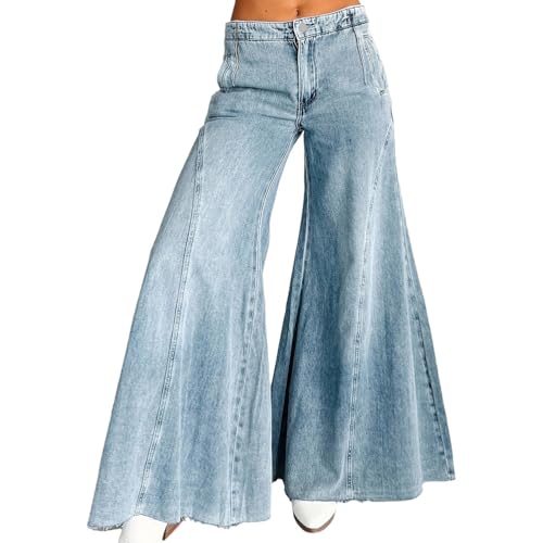 Women's Plus Size Wide Leg Jeans Trendy Distressed Mid Rise Casual Loose Denim Bell Bottom Pants3