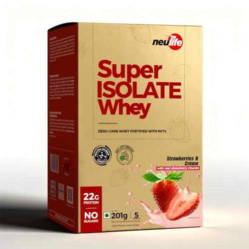 Image of Neulife SUPER ISOLATE Whey Protein | Max Absorption Protein Shake with Real Fruit Chunks | | 5x40g Single Servings Sachets | 5 Serving Travel Pack | Strawberries & Creme with Real Fruit