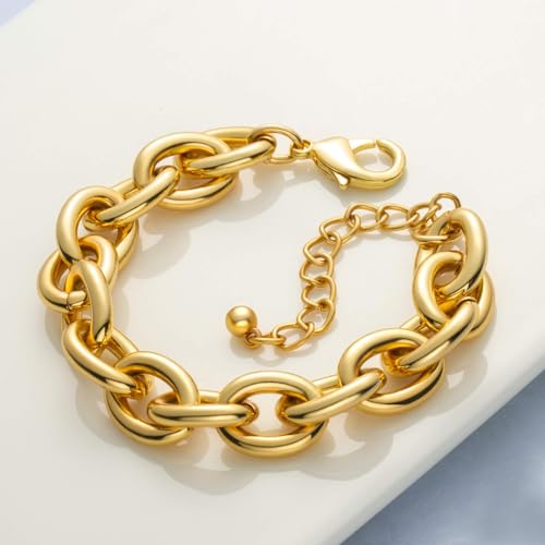 LANE WOODS Gold Bracelet for Women Girls, 14k Gold Plated Wide Cuban Curb Link Bracelet
