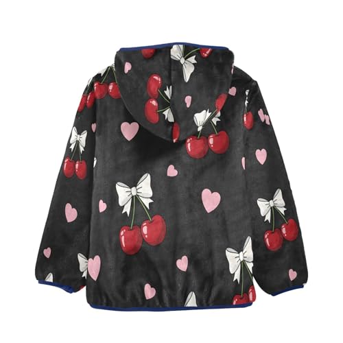 Cherry Bow Hearts on Black Toddler Fleece Jacket Girl Boys Hooded Fleece Jacket Coat Warm Outwear Zip-up 3-10T2