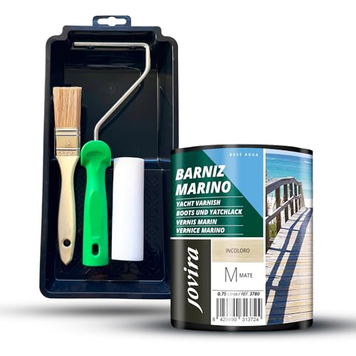 JOVIRA PINTURAS Barniz Marino al agua y Kit con Minicubeta, Rodillo de Espuma, Varilla y Paletina. (750 Mililitros, Mate + Kit Barniz) F-62-K