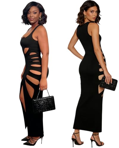 Image of Women's Sexy Sleeveless Hollow Out Maxi Dress Tassel See Through Backless Bodycon Party Club Long Dress