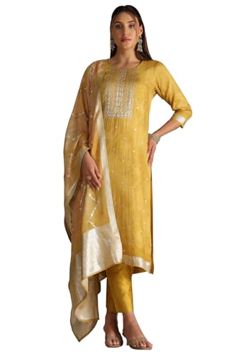 Modello: tessuto Zari Soch Abito da donna in organza Zari tessuto con specchio finto e paillettes, Senape, XXL