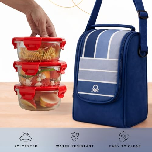 Image of United Colors of Benetton Lunch Bag Set with 3 Glass Containers Insulated | Insulated bag with 3 borosilicate glass containers, airtight leakproof lids, BPA-, microwave freezer dishwasher safe