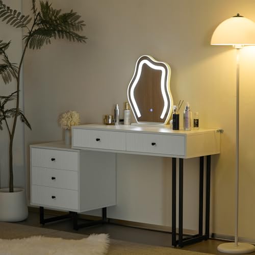Tocador blanco con espejo LED regulable de 100 cm y 5 cajones ampliables para dormitorio 7